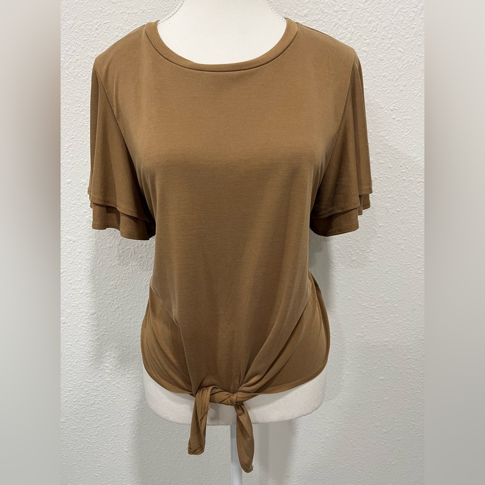 GREEN ENVELOPE Flutter Sleeve Tie Knot Top EUC